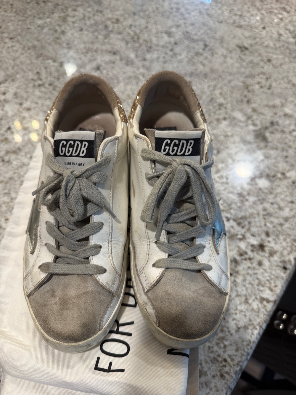 Golden Goose White Leather Sneakers with Silver Star and Gold Glitter Heel - Picture 3 of 5